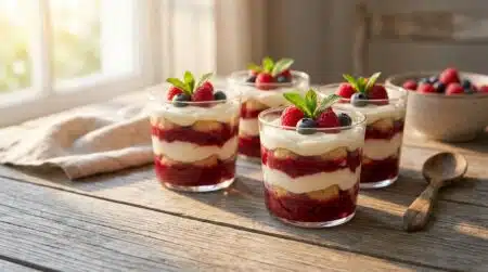 Verrines de tiramisu aux fruits rouges sur table en bois
