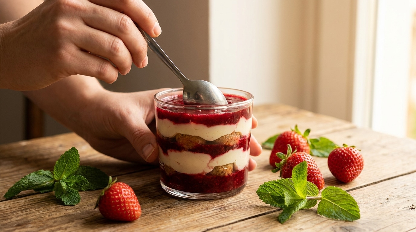 Cuillère plongeant dans un tiramisu aux fruits rouges en verrine