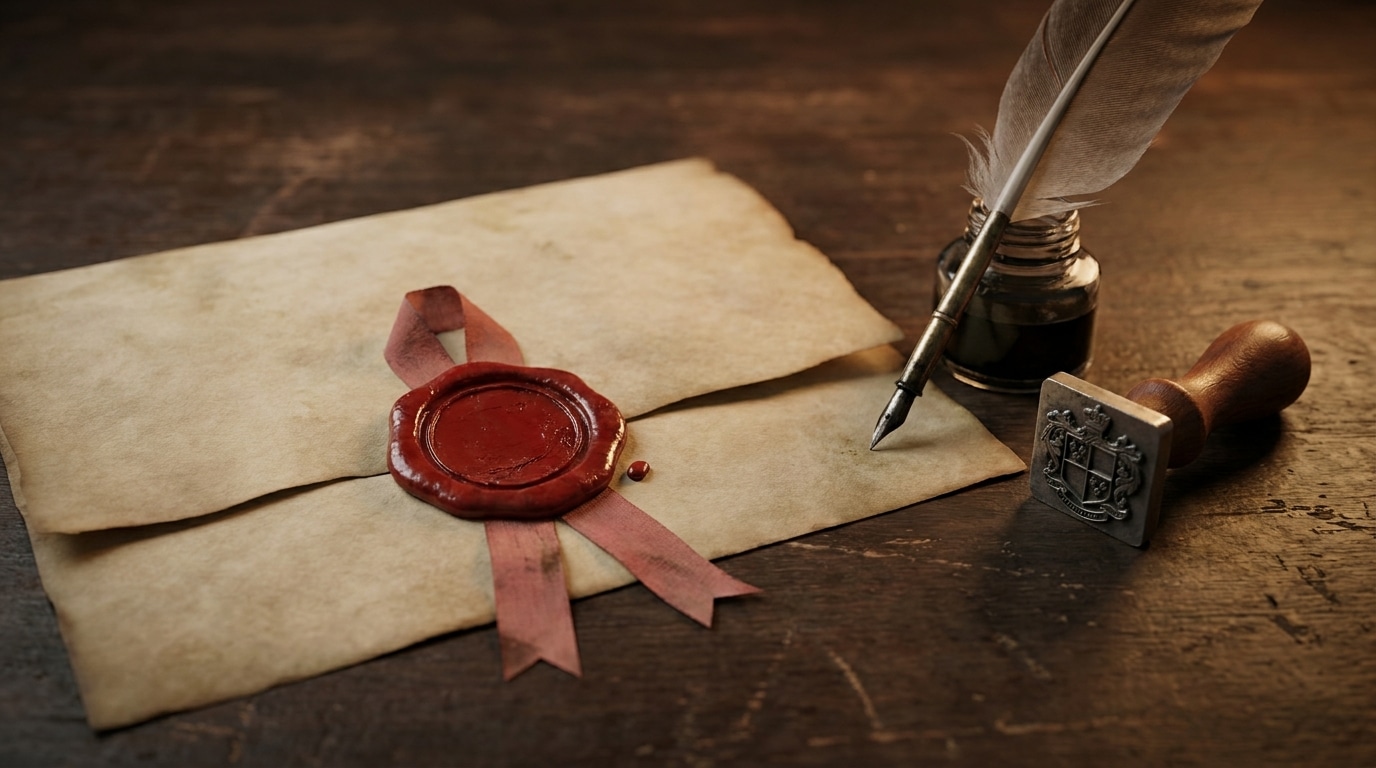 Document ancien scellé à la cire sur un bureau en bois sombre avec un cachet héraldique