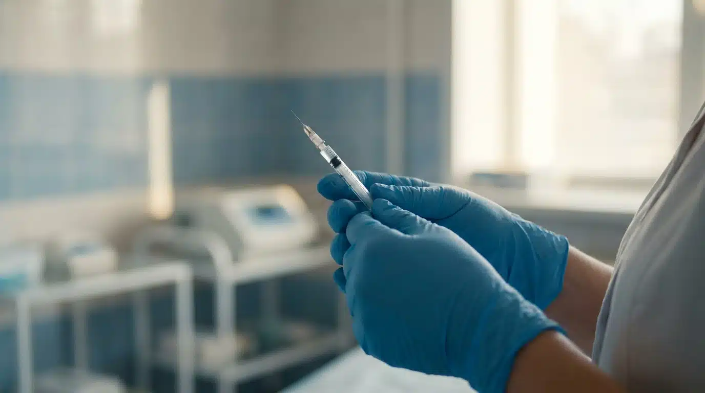 Seringue d'injection sous-cutanée tenue par des mains gantées