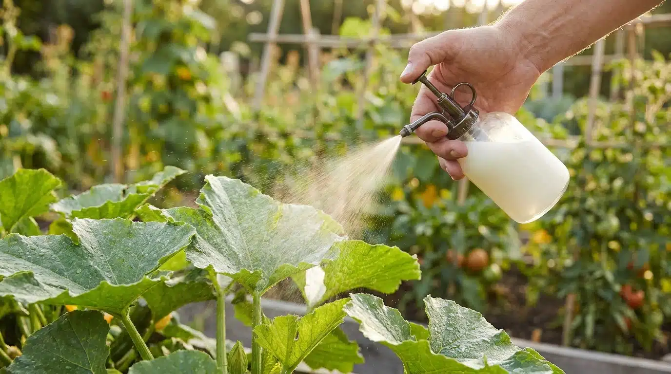 Pulvérisation de lait dilué sur des feuilles de courgettes au potager
