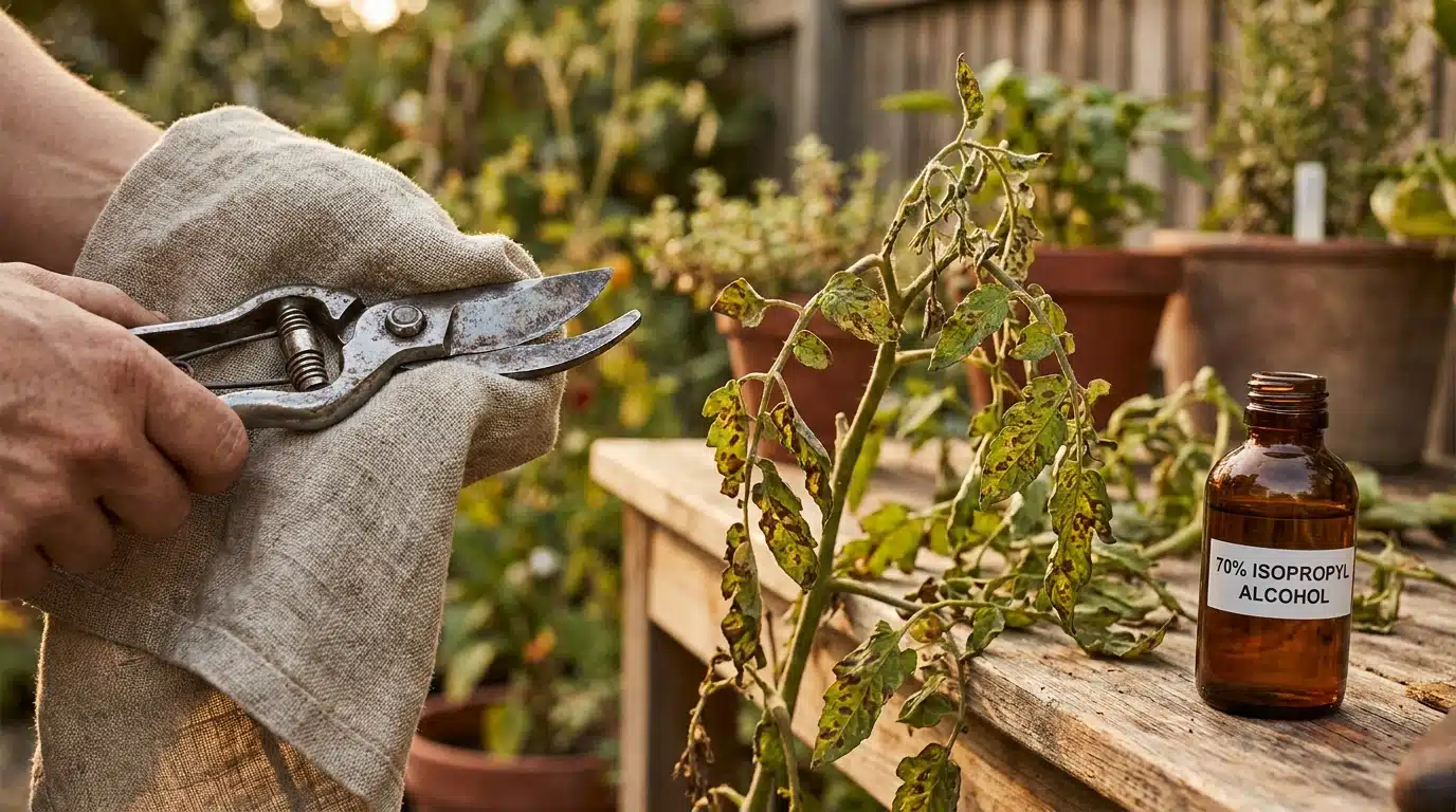Sécateur nettoyé à côté d'un plant de tomate atteint de mildiou
