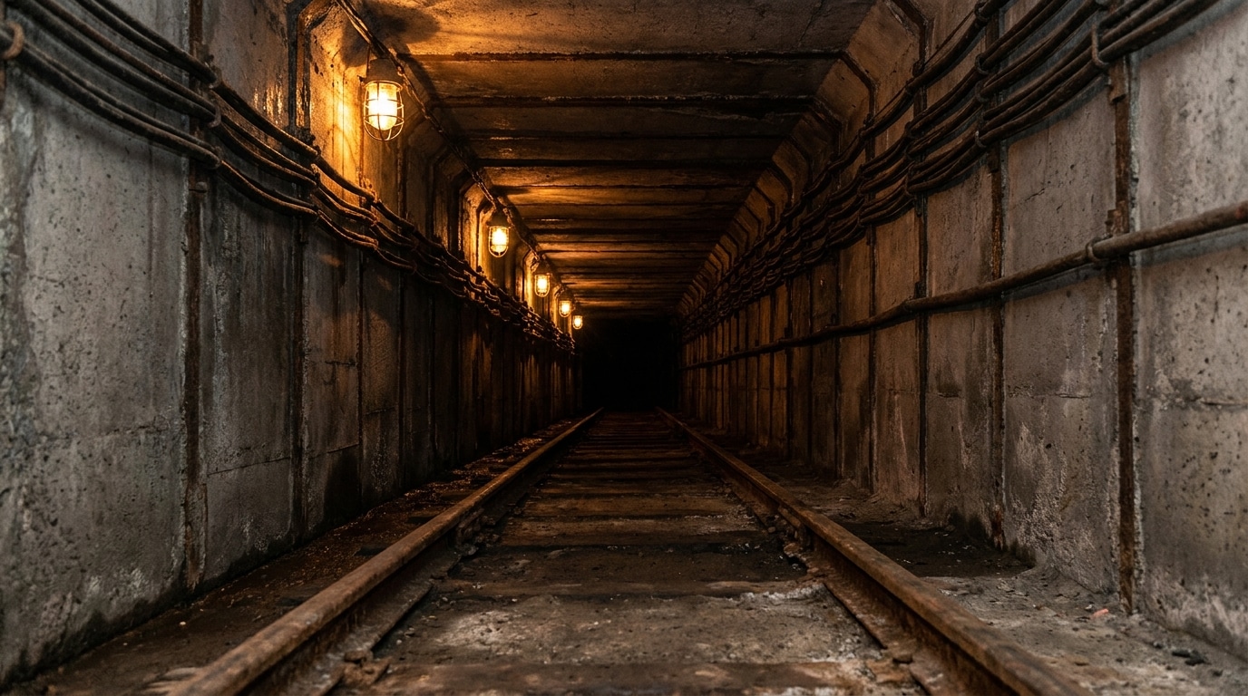 Tunnel souterrain renforcé avec rails et éclairage industriel