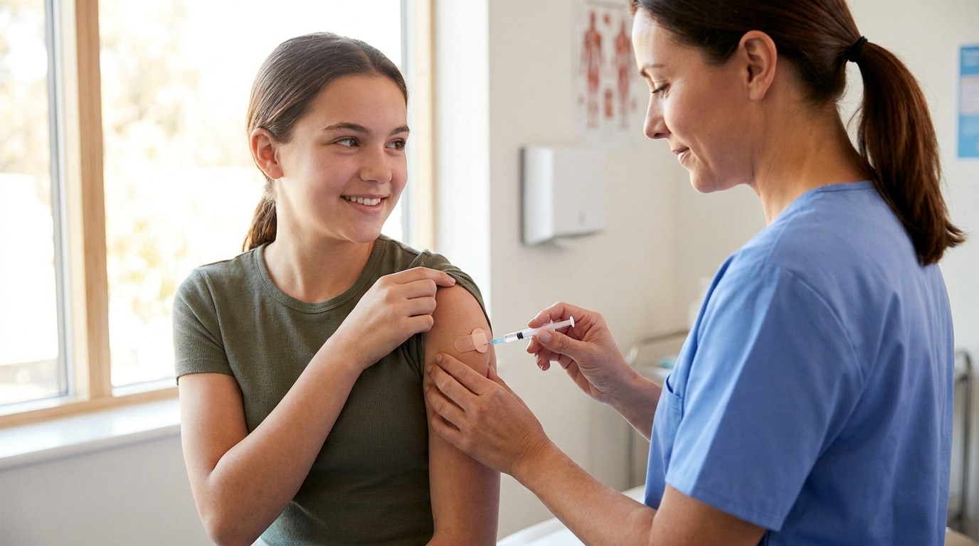 Adolescente souriante recevant un vaccin dans une infirmerie scolaire