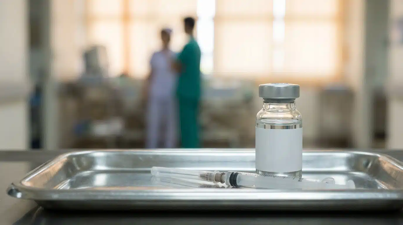 Flacon de vaccin et seringue sur un plateau médical