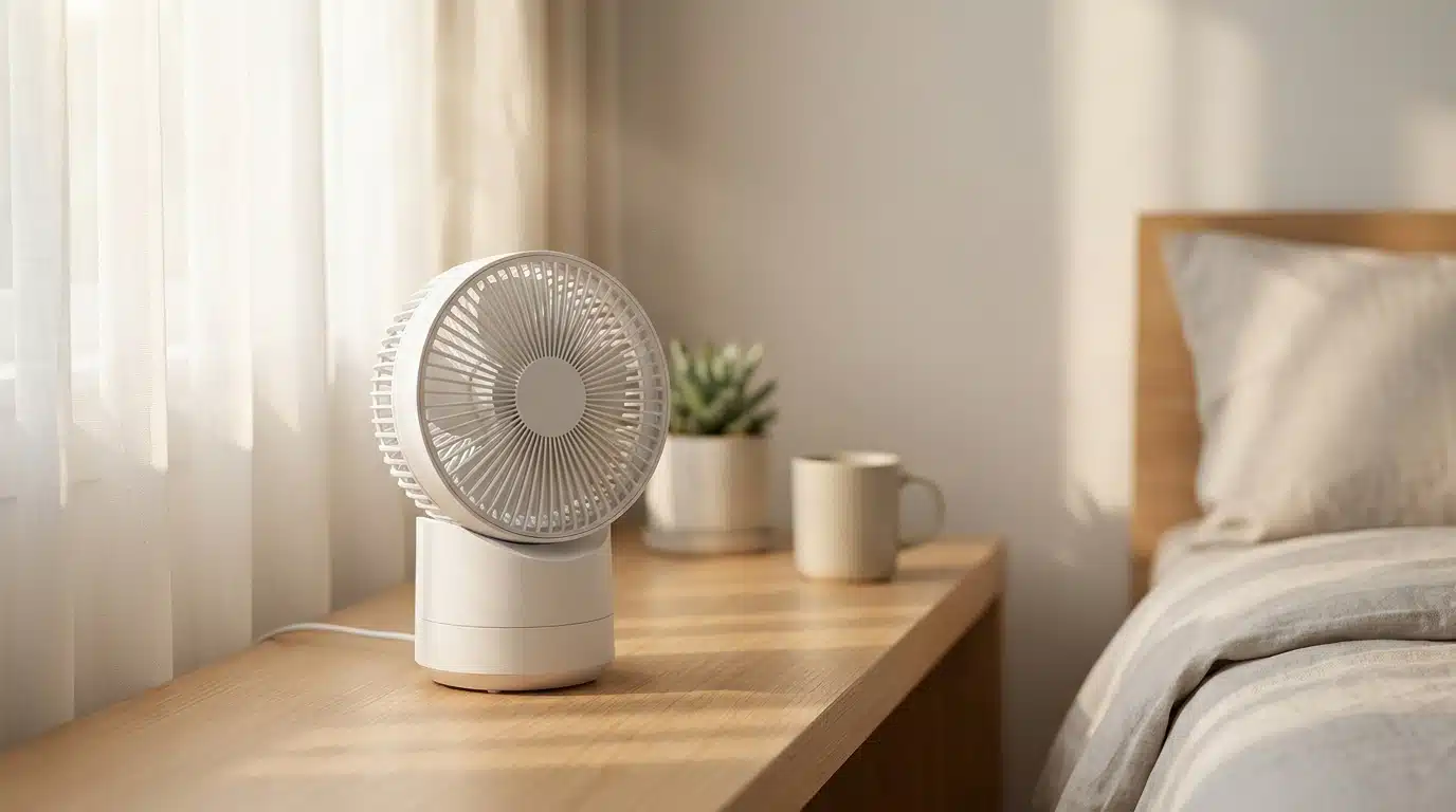 Ventilateur sans pale blanc posé sur un bureau en bois