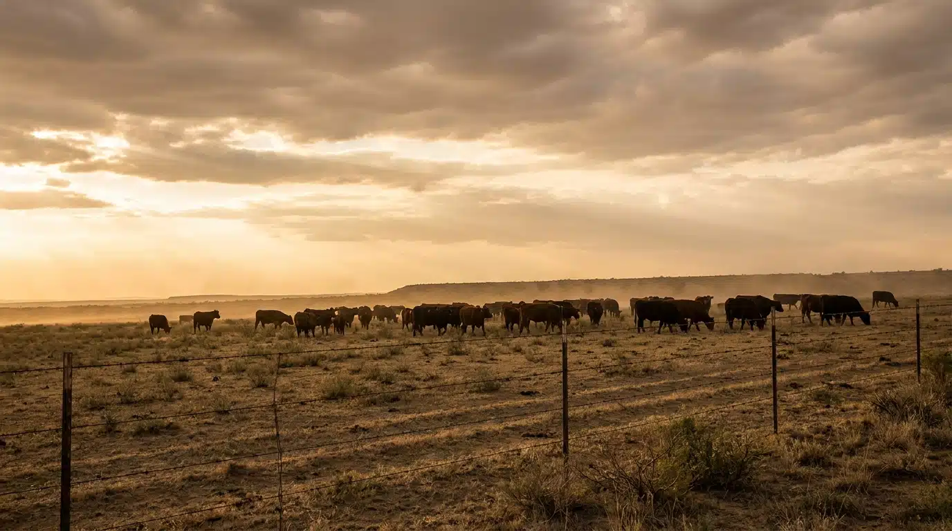 Ranch texan avec troupeau de vaches au coucher du soleil