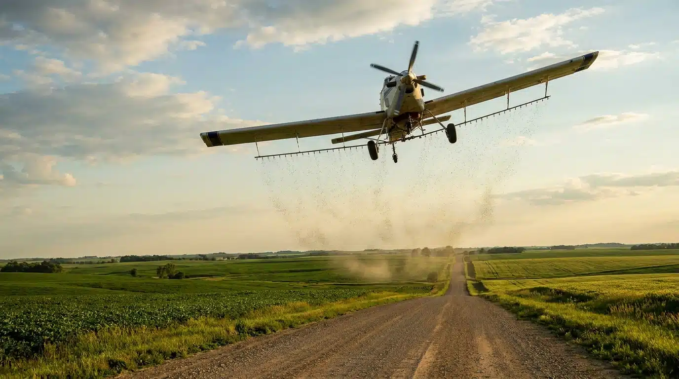 Avion larguant des mouches stériles au-dessus de terres agricoles