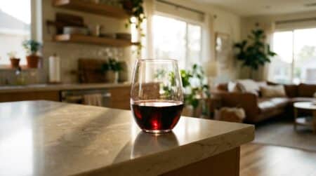 Verre de vin rouge posé sur un comptoir de cuisine