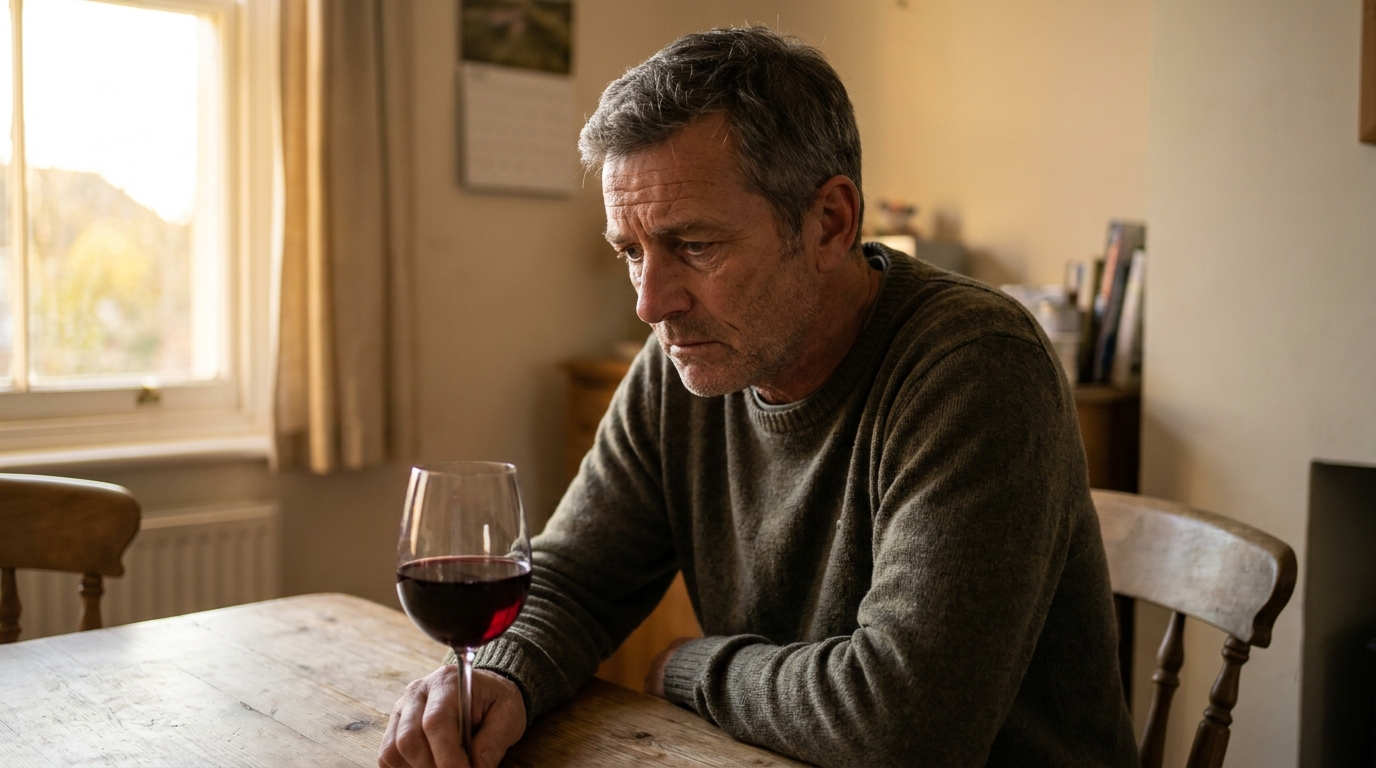 Homme pensif devant un verre de vin non touché