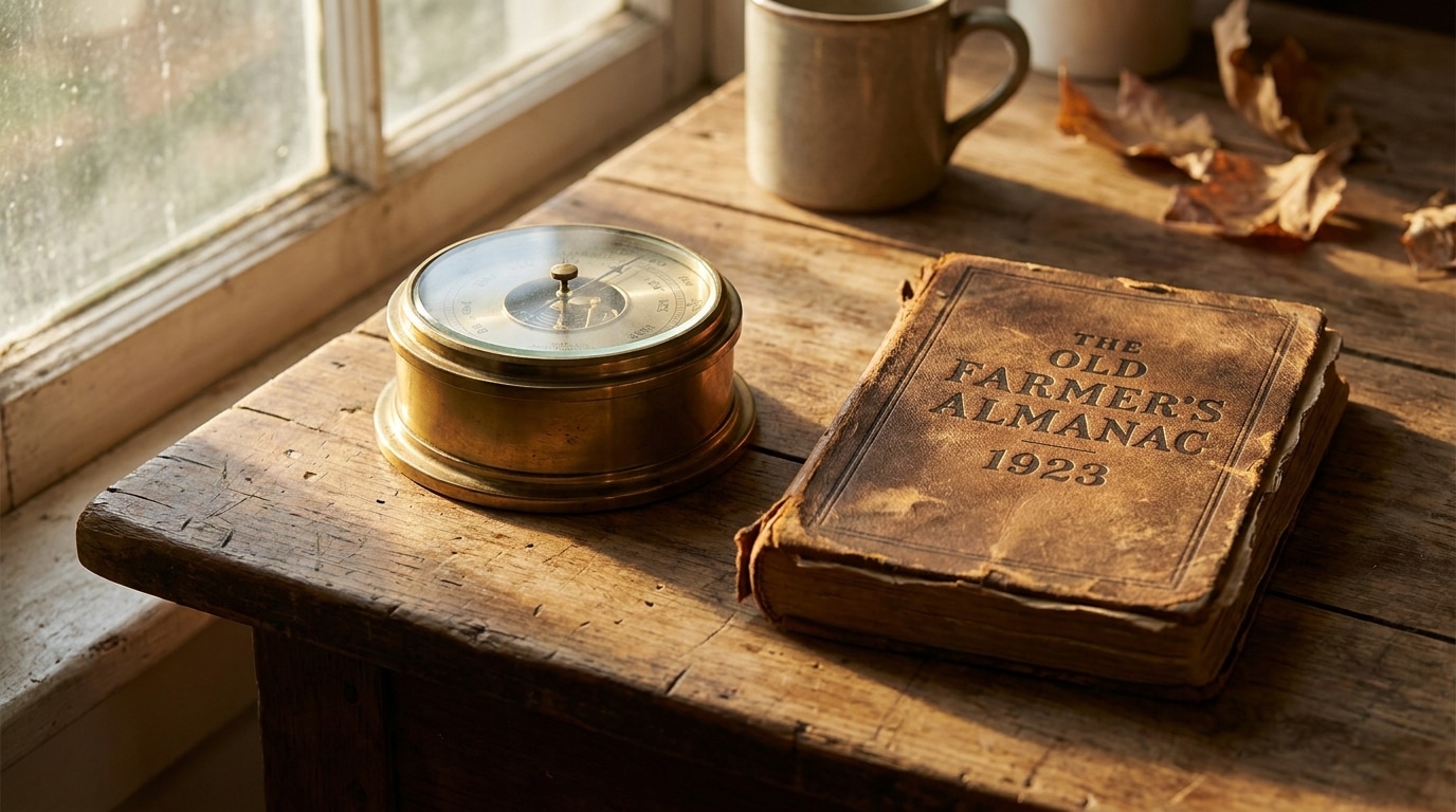Baromètre ancien et almanach sur une table en bois rustique