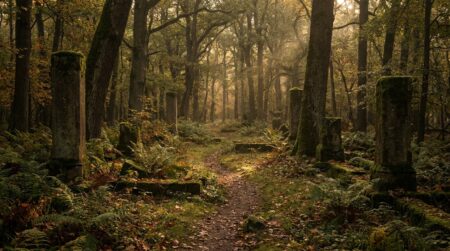 Sentier forestier bordé de bornes en pierre dans un ancien village