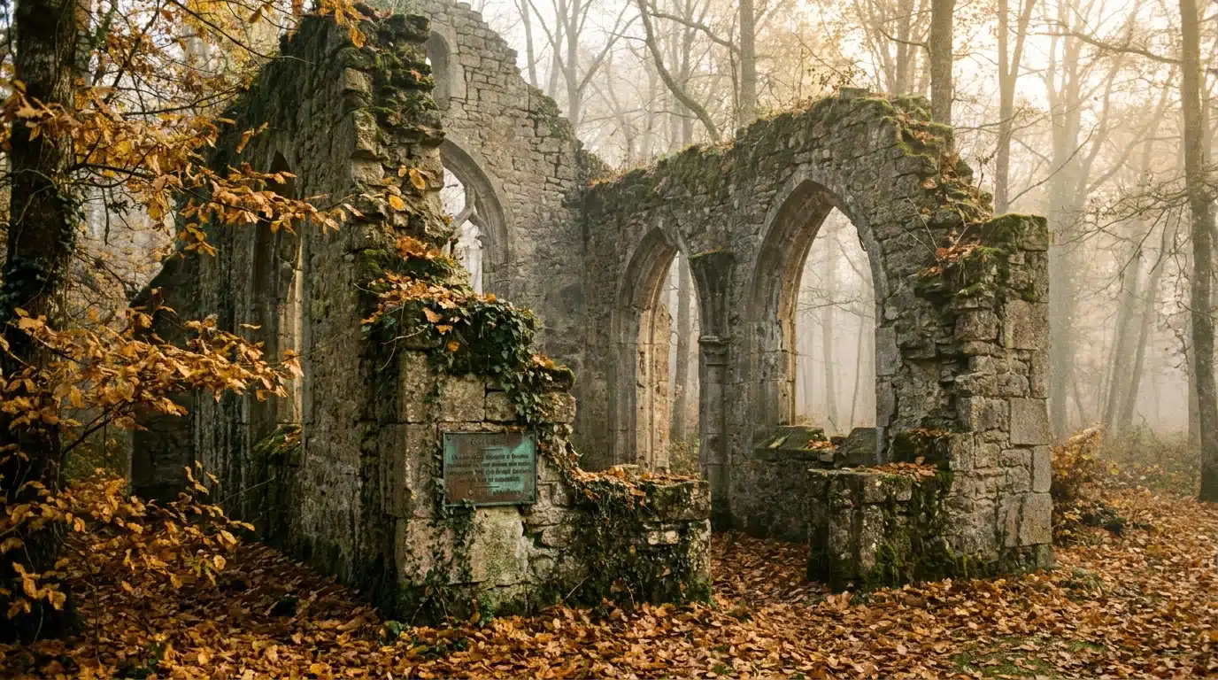 Chapelle en pierre entourée d'arbres dans une clairière
