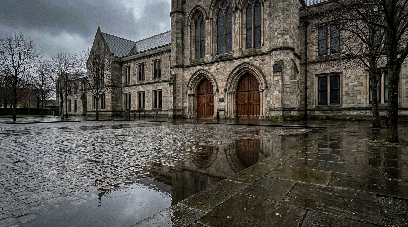 Façade d'un tribunal nord-irlandais sous un ciel gris