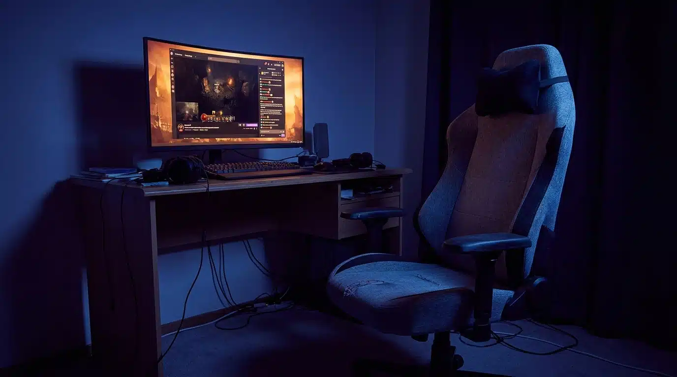 Écran d'ordinateur allumé sur un stream gaming dans une pièce sombre