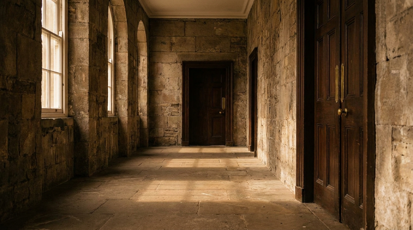 Couloir vide d'un tribunal en Irlande du Nord baigné de lumière