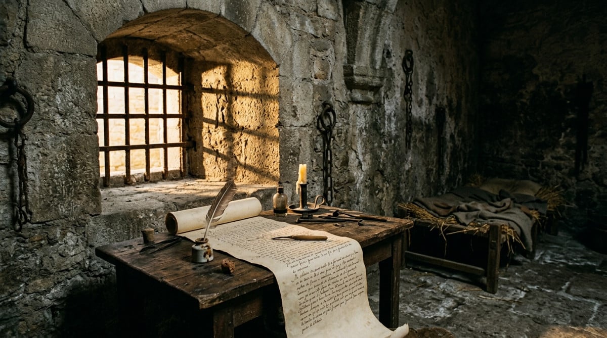 Cellule de prison du XVIIIe siècle avec manuscrit sur un bureau