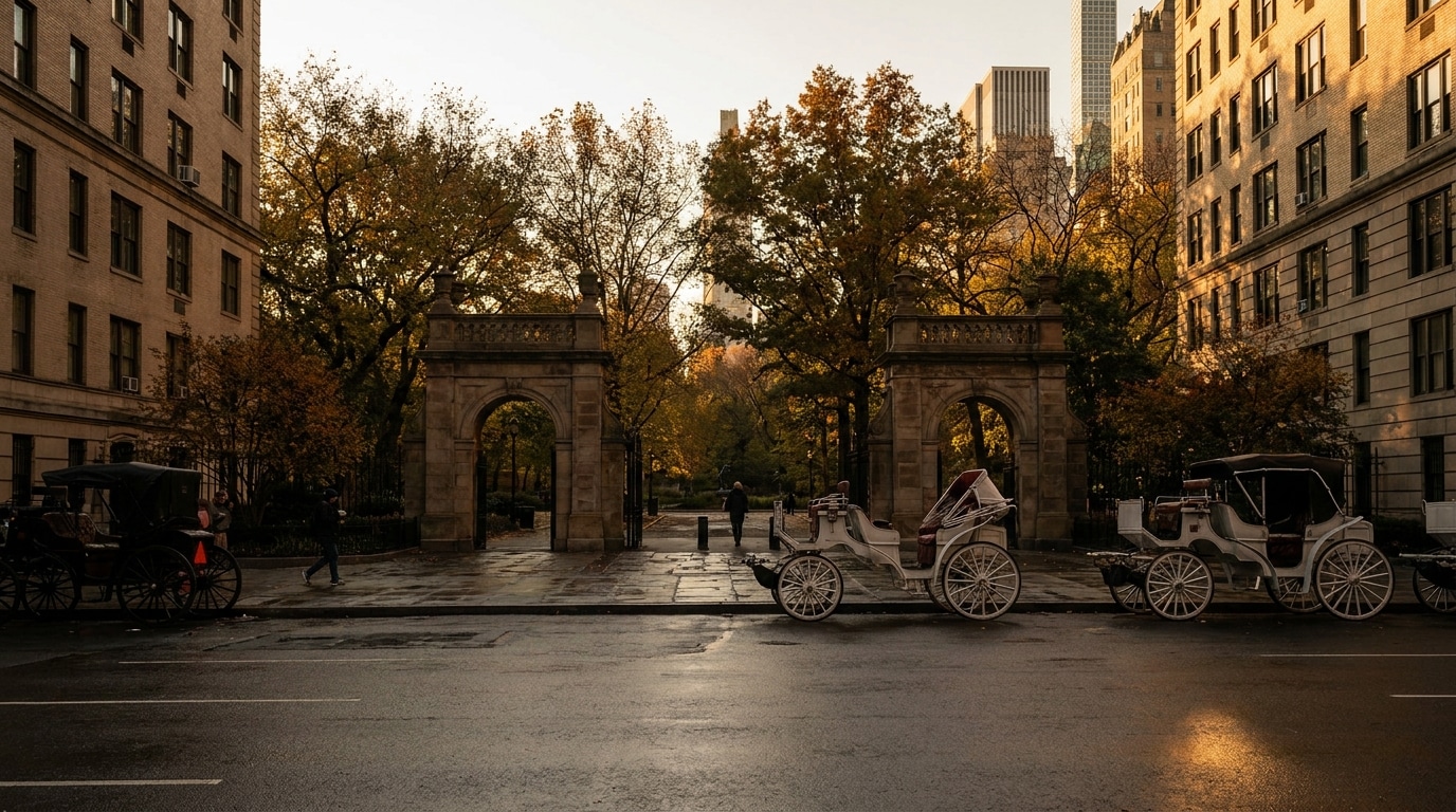 Calèches vides stationnées à l'entrée de Central Park