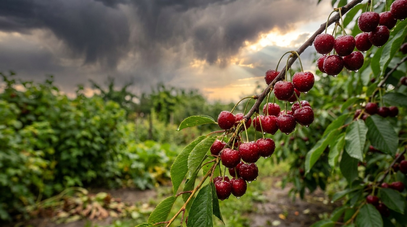 Cerises rouges couvertes de gouttes de pluie sur une branche après l'orage