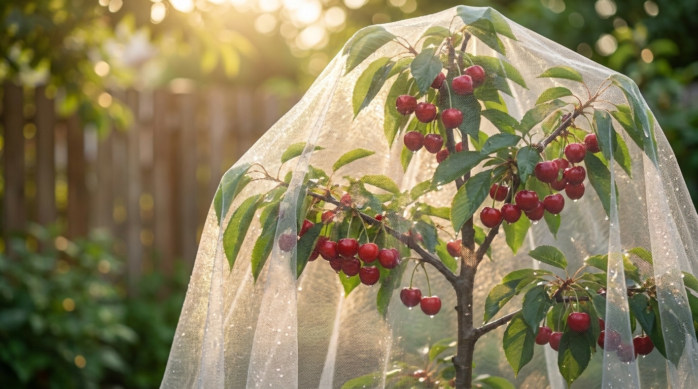 Filet anti-pluie protégeant un cerisier chargé de fruits dans un jardin