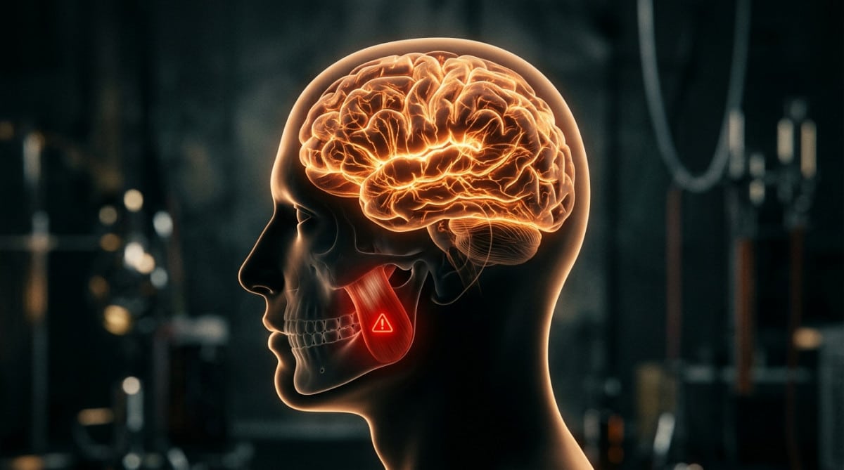 Cerveau humain avec circuits neuronaux lumineux bloquant la mâchoire