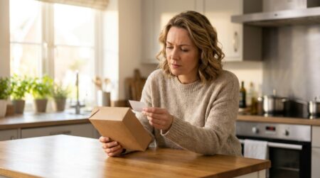 Femme lisant une étiquette nutritionnelle dans sa cuisine
