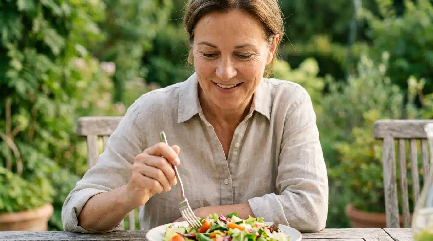 Femme souriante dégustant une salade fraîche en terrasse