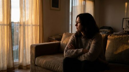 Femme seule sur un canapé avec une expression distante