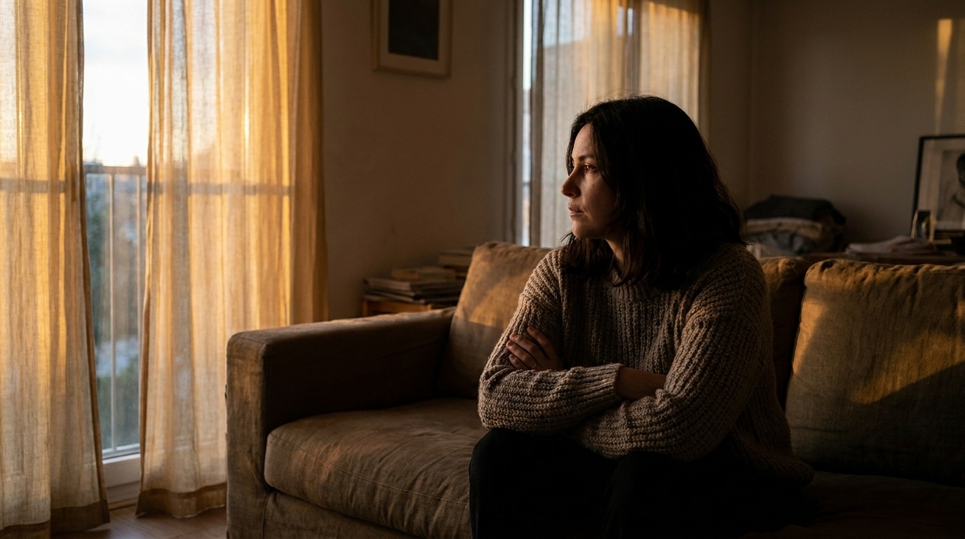 Femme seule sur un canapé avec une expression distante