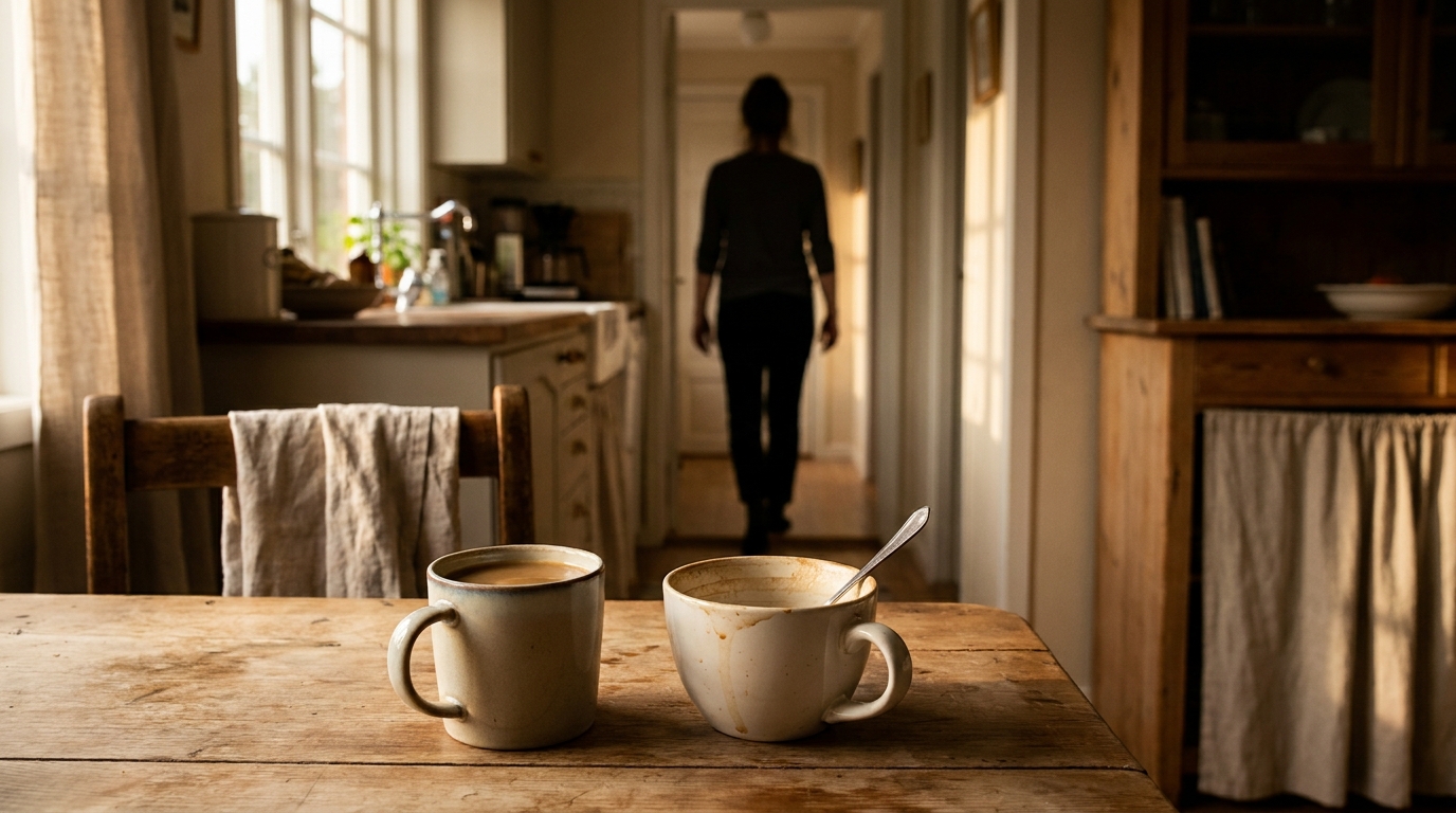 Deux tasses de café sur une table, l'une intacte et froide