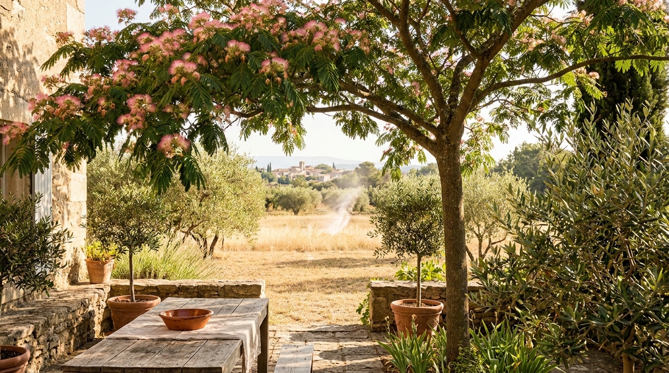 Albizia en fleurs ombrageant une terrasse ensoleillée