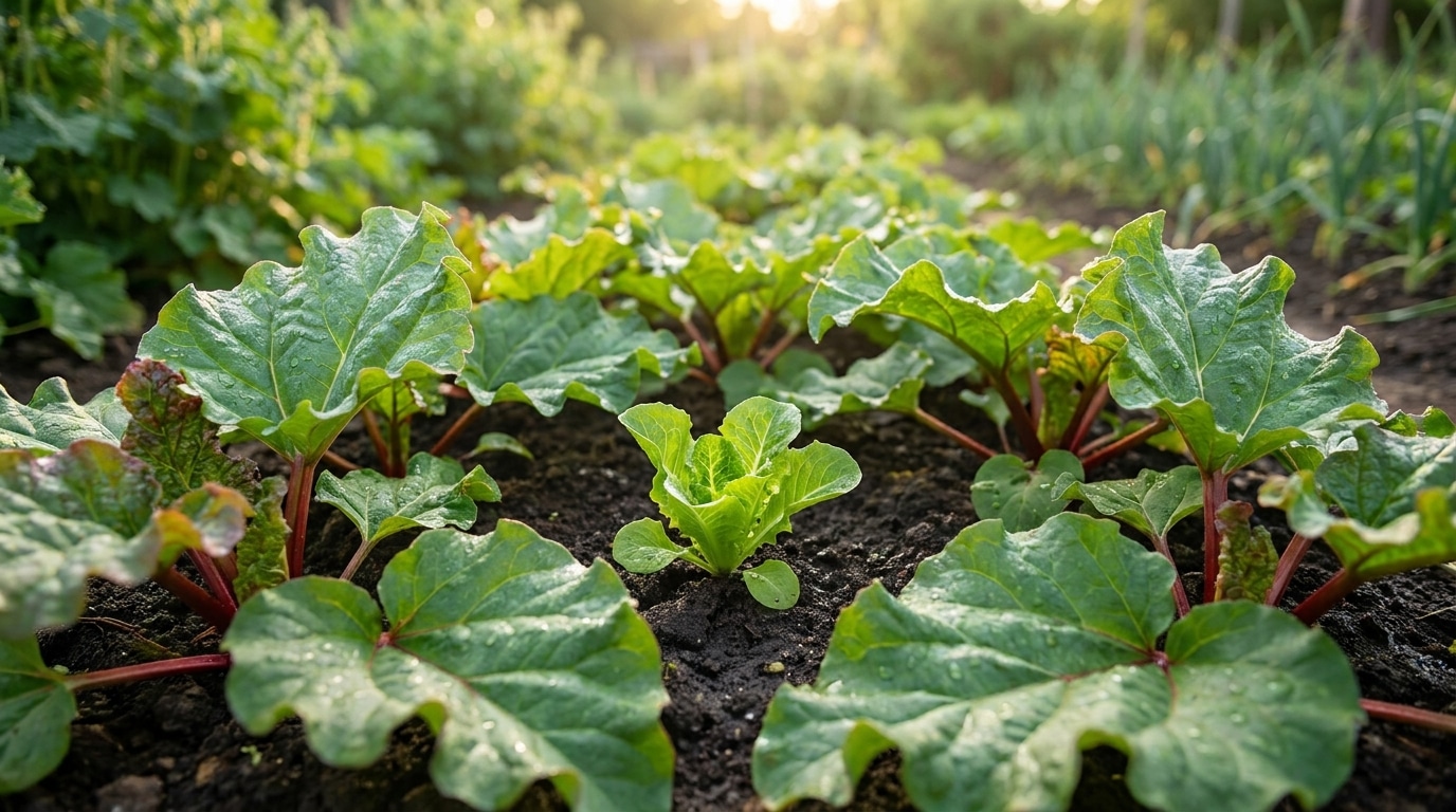 Feuilles de rhubarbe disposées autour d'une jeune salade au potager
