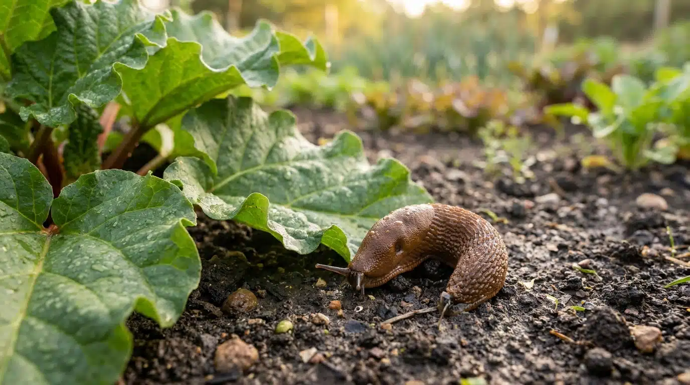 Limace sur sol humide près de feuilles de rhubarbe