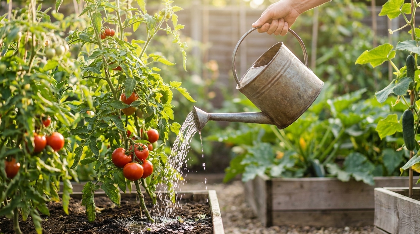 Main arrosant un pied de tomate au niveau du sol