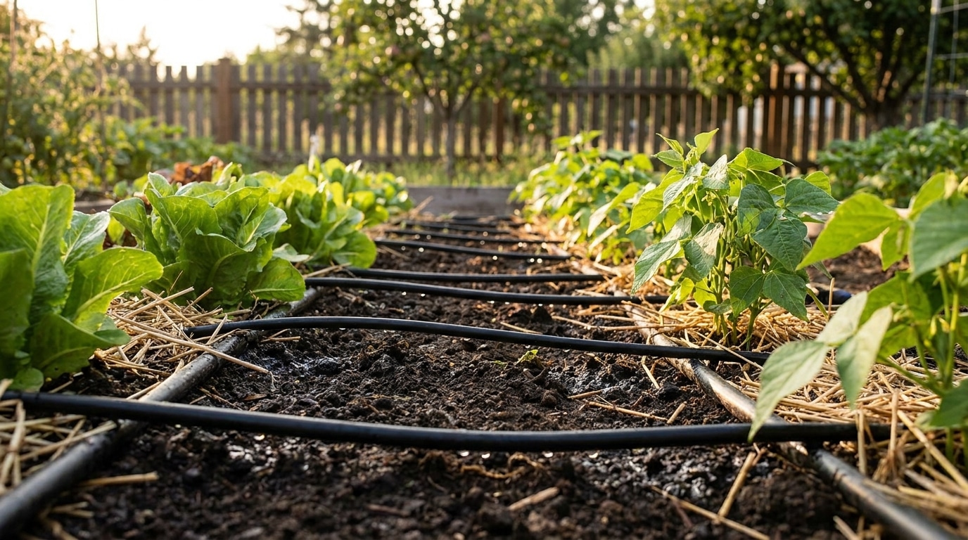 Système de goutte-à-goutte sur sol paillé au potager