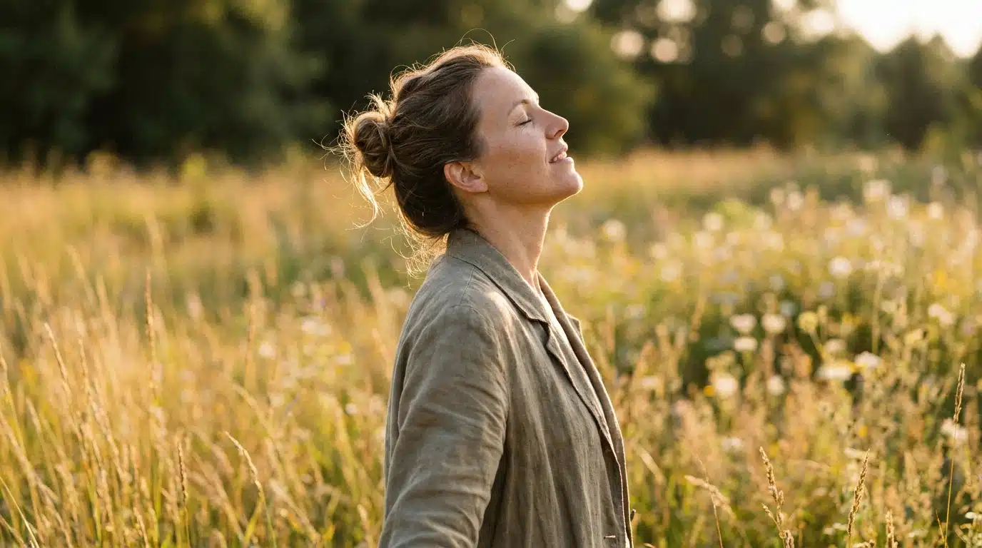 Femme les yeux fermés libérant un poids émotionnel au soleil couchant