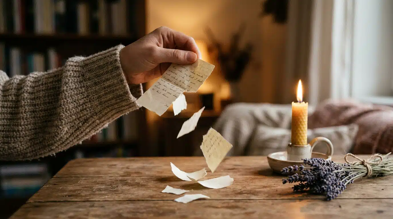 Main déchirant un papier au-dessus d'une table en bois avec bougie