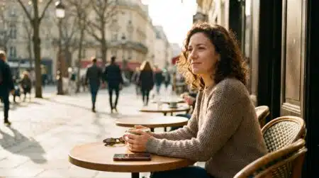 Femme seule en terrasse de café au soleil