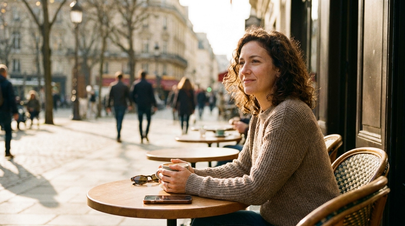 Femme seule en terrasse de café au soleil