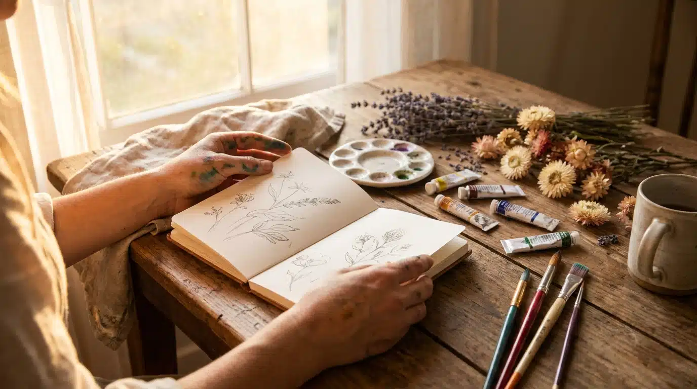 Carnet de croquis ouvert sur une table ensoleillée avec pinceaux