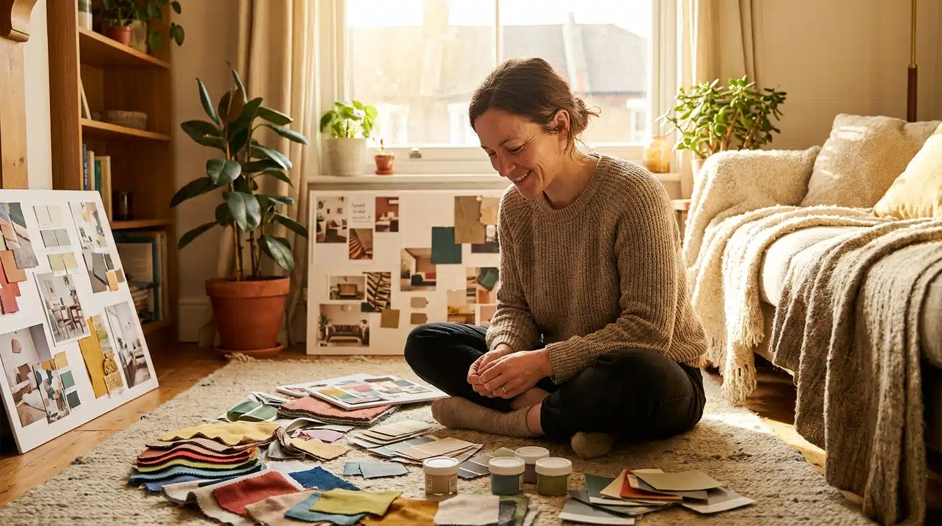 Personne assise au sol entourée d'échantillons de décoration