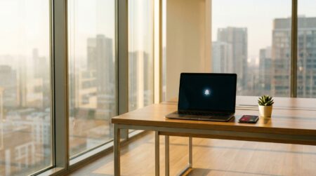 Bureau moderne baigné de lumière dorée avec notifications sur ordinateur