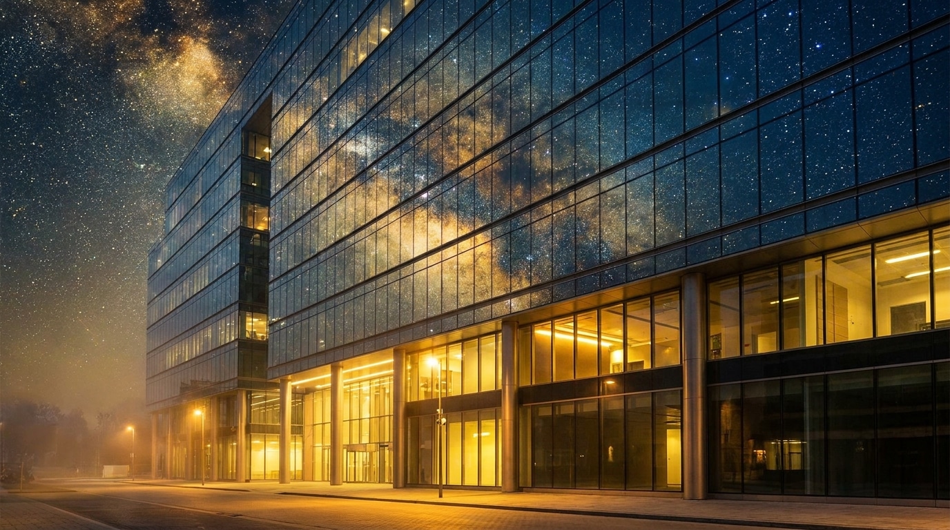 Ciel étoilé se reflétant sur un immeuble de bureaux en verre