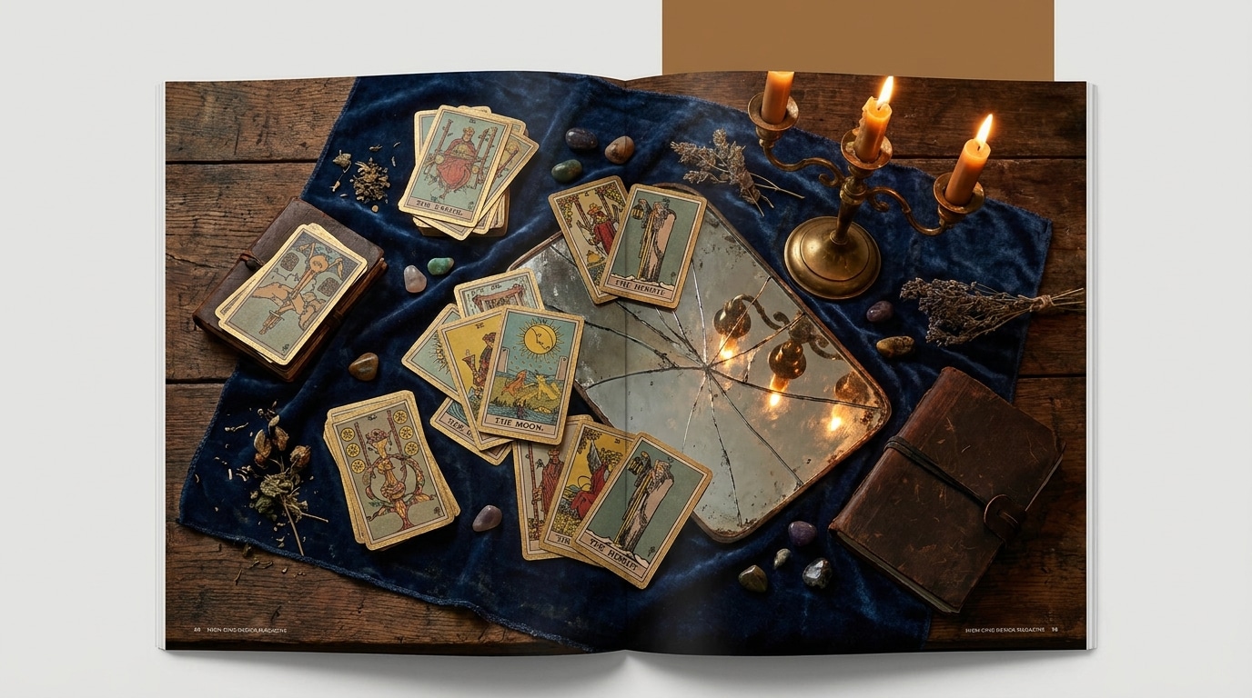 Cartes de tarot éparpillées sur une table sombre avec bougie
