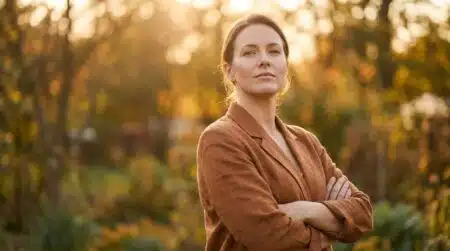 Femme déterminée bras croisés dans un jardin ensoleillé