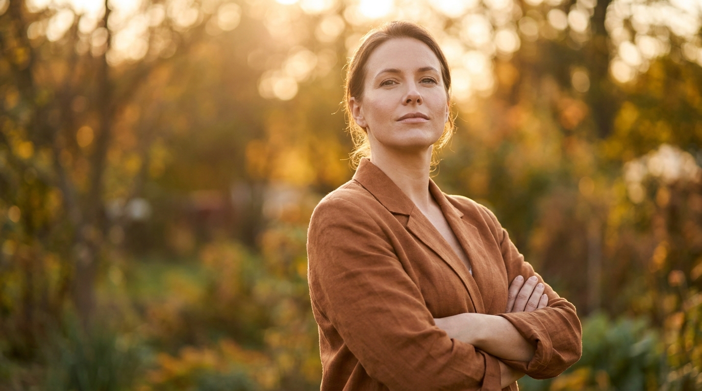 Femme déterminée bras croisés dans un jardin ensoleillé