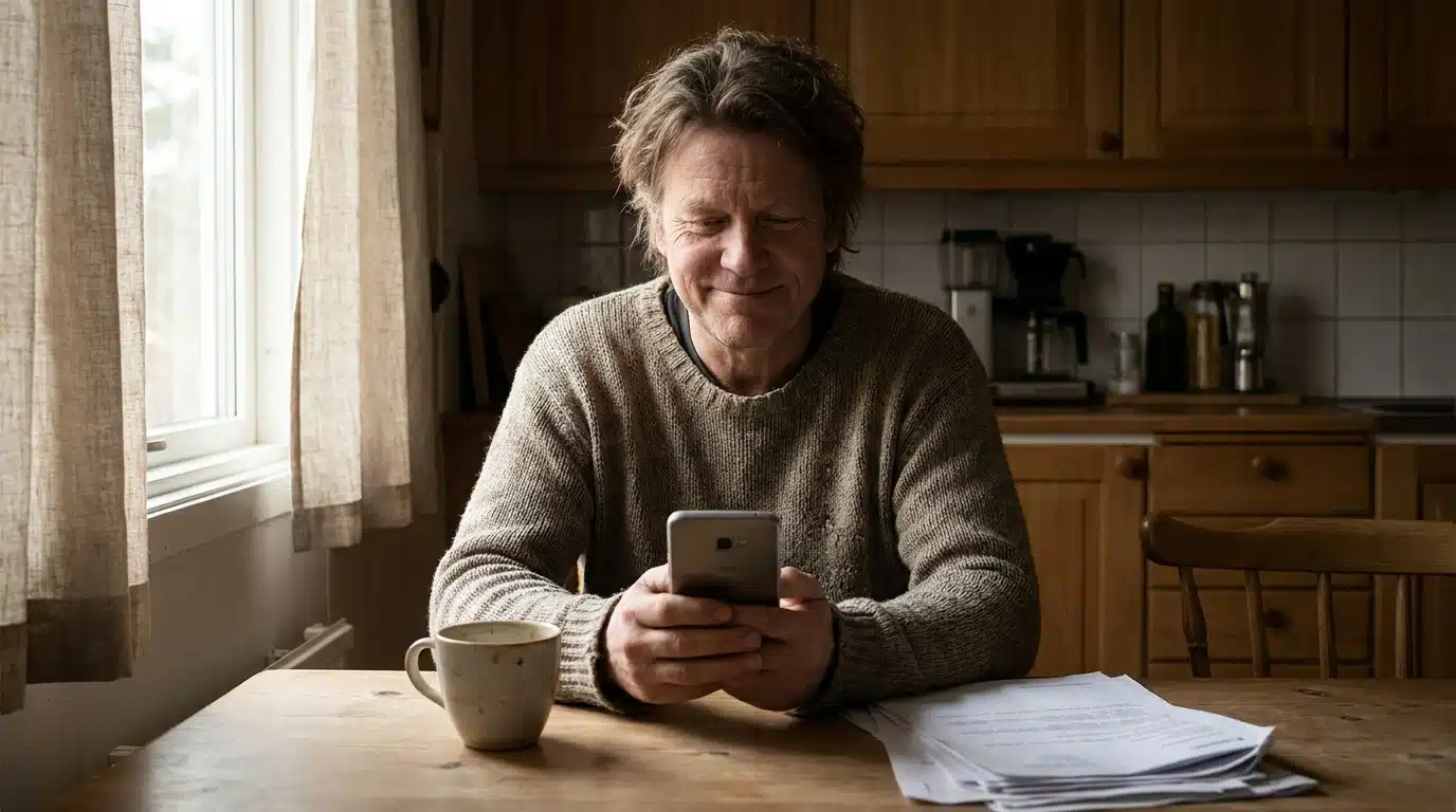 Personne soulagée consultant son téléphone à la maison