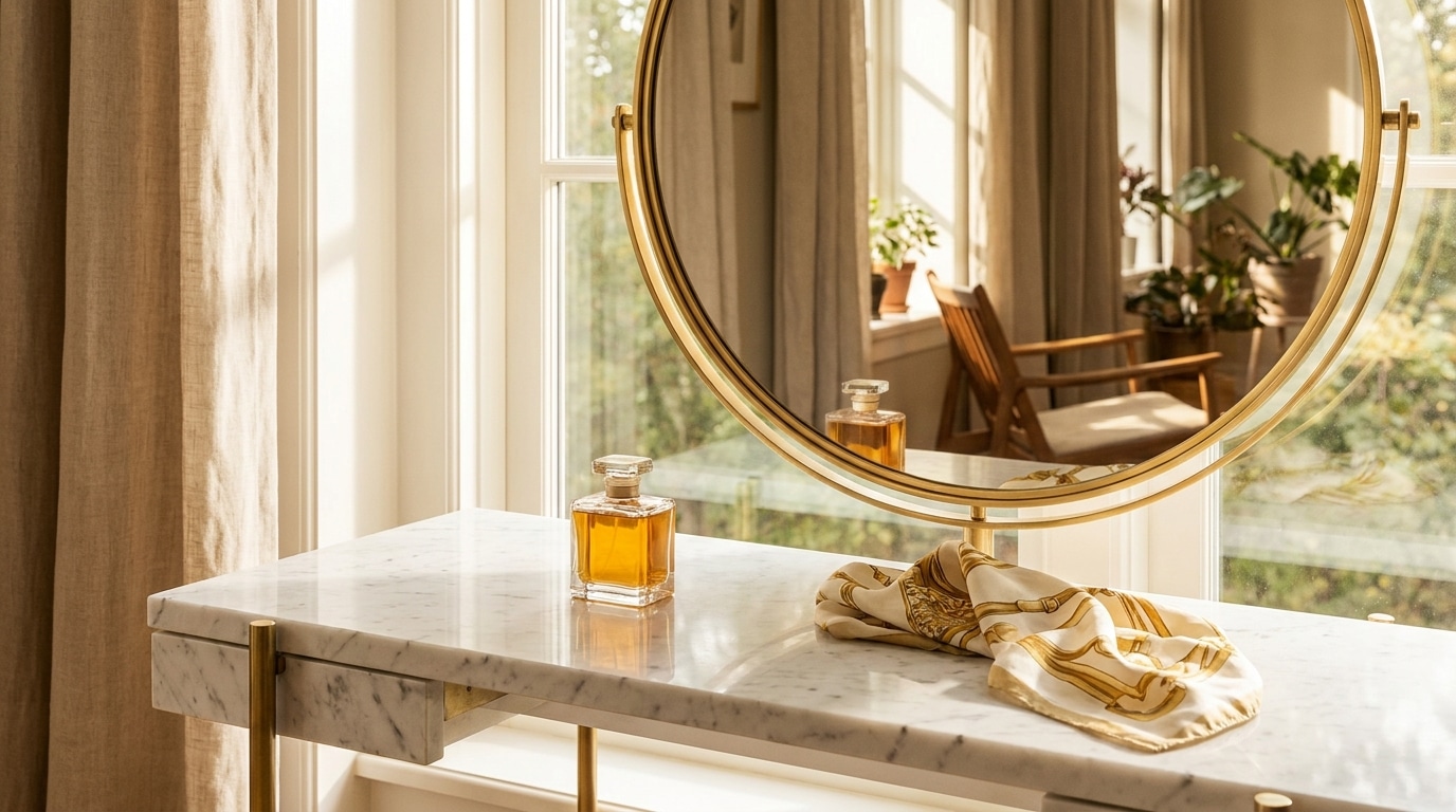 Coiffeuse en marbre avec parfum et foulard en soie