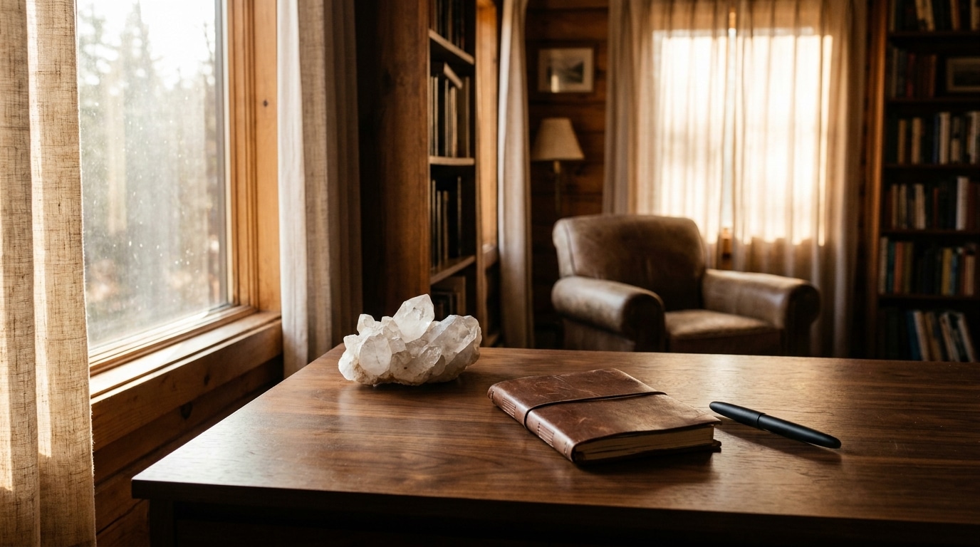 Bureau minimaliste avec cristal de roche et carnet en cuir