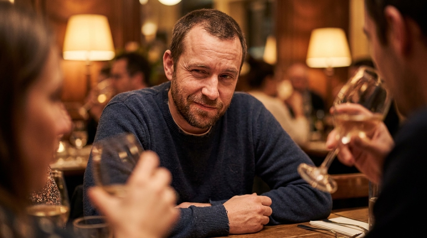 Personne souriante avec un regard malicieux à table entre amis